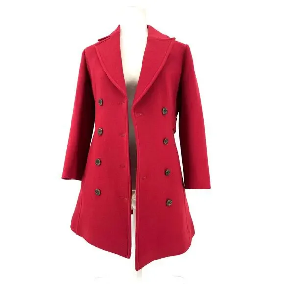 J. Crew Women's 2 Red Wool‎ Double Breasted Lady Day Pea Winter Mid Length Coat - Picture 3 of 9